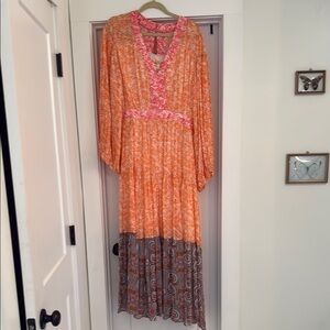 Anthropologie Orange and Brown V-Neck Gown with Bishop Sleeves